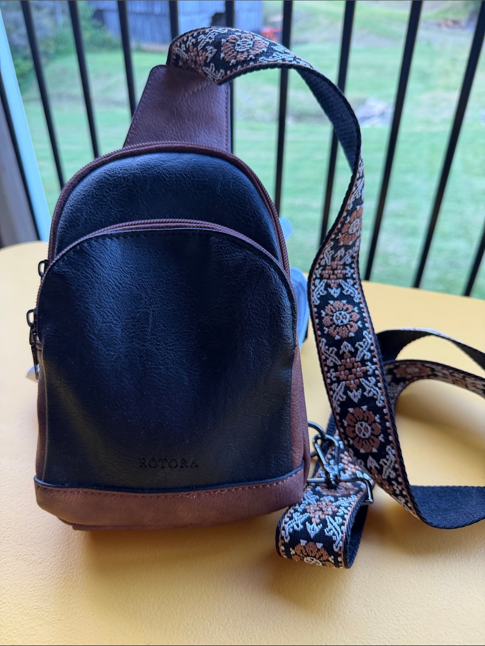Men's Black & Brown Leather Sling Bag with Patterned Strap